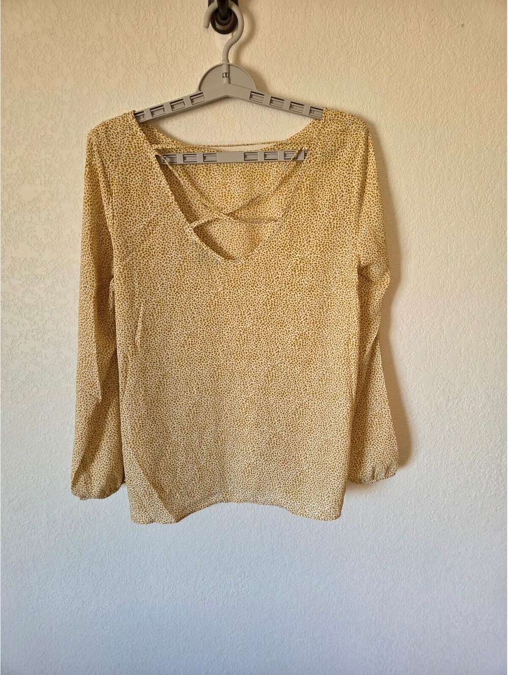 Moa Moa Women's Long Sleeve Blouse with Mustard Print and Crisscross Neck Detail